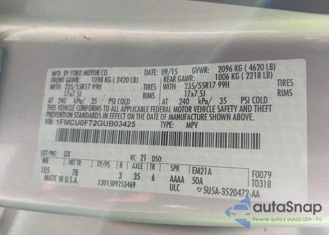 2016 Ford Escape S from USA, damaged, VIN 1FMCU0F72GUB03425